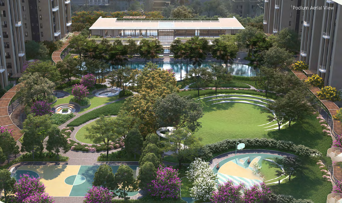 Aerial view of a residential podium under development