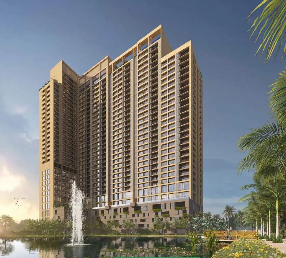Residential tower with fountain and landscaped grounds